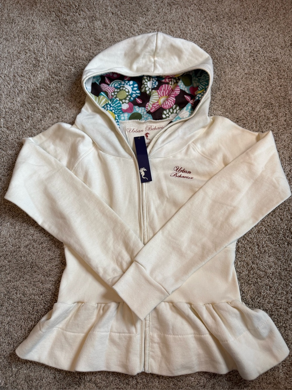 Urban Behavior Cream Floral Lined Peplum Zip Hoodie Small NWT